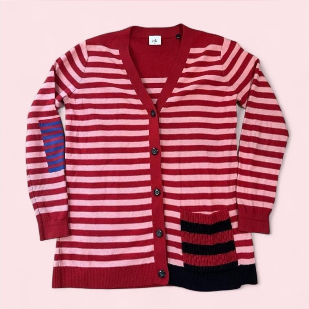 Cabi Red And Pink Striped Cotton Cardigan W/unique Pocket And Elbow Patch Sz‎ M